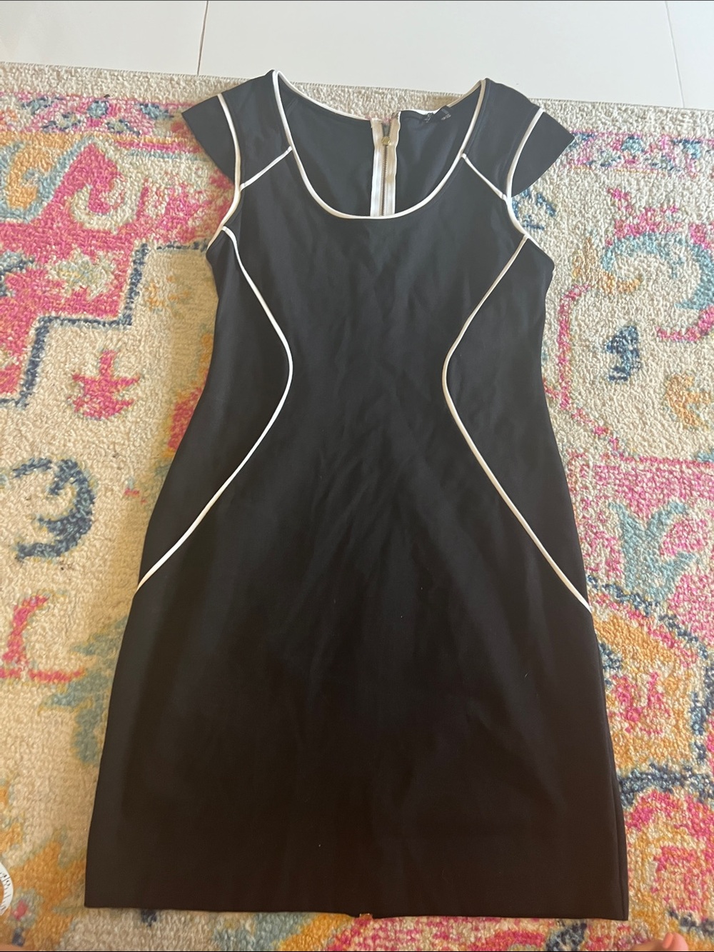 Express Black Cap-Sleeve Sheath Dress with White Piping